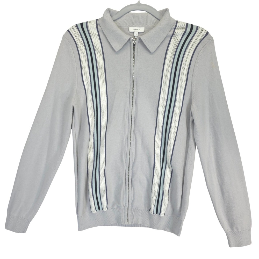 Reiss Zip Cardigan Sweater Full Zip Men S Gray Striped Knit Collared‎ Minimalist